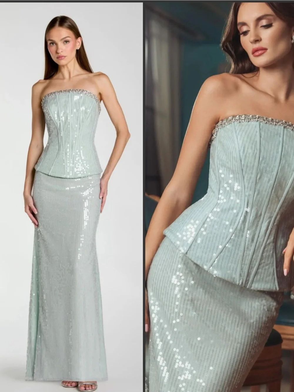 NWT Mac Duggal 27776 Blue Strapless Sequin Peplum Gown  Rhinestone Trim Size 12